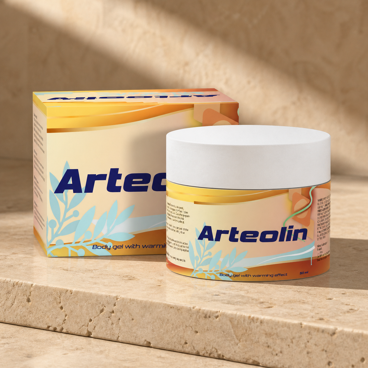 Arteolin 50 ml tégely és doboza travertin kövön